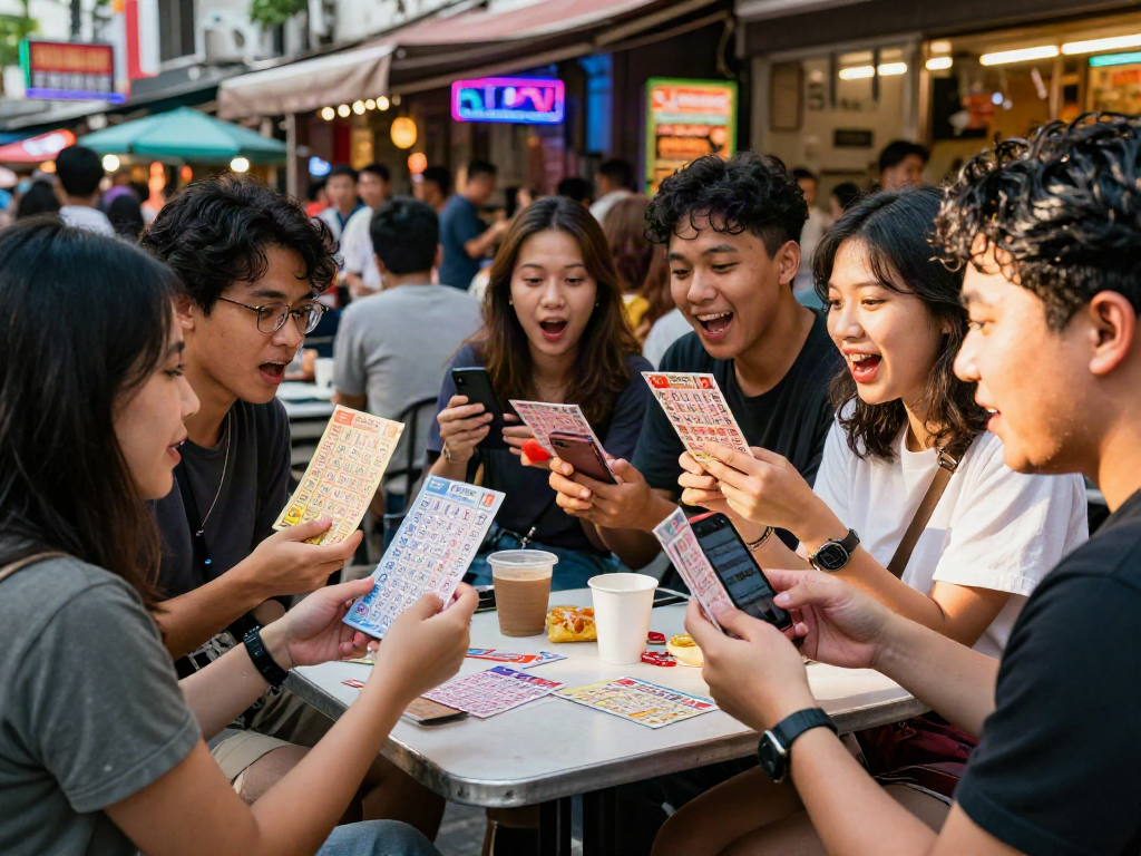 A lively group discussing their toto togel strategies over colorful lottery tickets, set in a vibrant urban market.