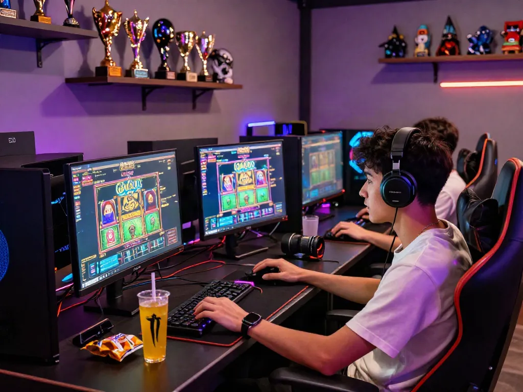 Exciting online gaming experience featuring slot gacor on multiple monitors in a vibrant gaming lounge.