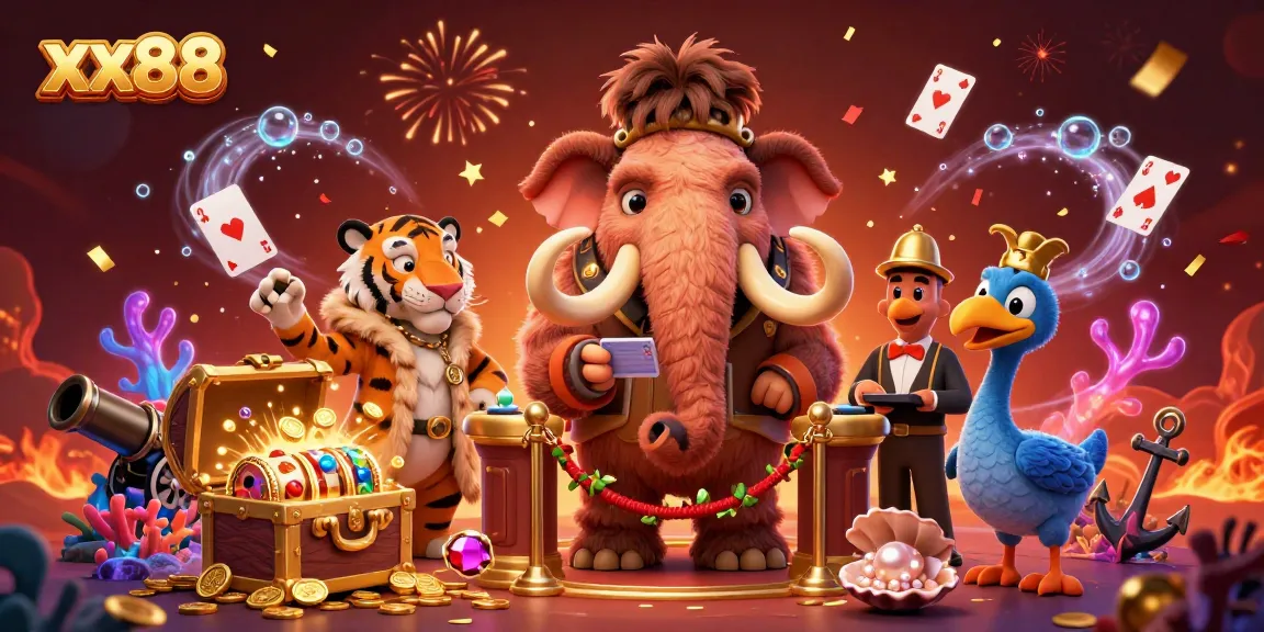 Join the excitement at xx88 with dynamic illustration of a woolly mammoth checking IDs in a dazzling casino scene.