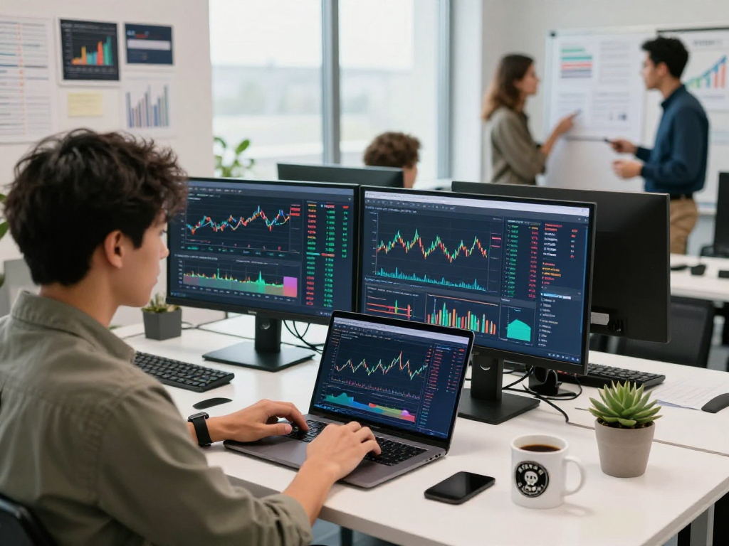 Dynamic developer analyzing forex WebSocket stream API with exchange rates and charts in modern fintech office.