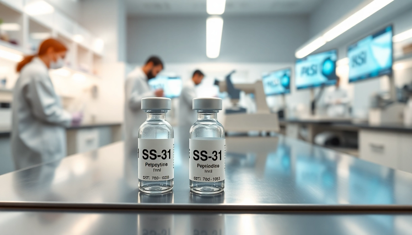 Buy SS31 peptide with detailed vials in a professional lab setting showcasing research.