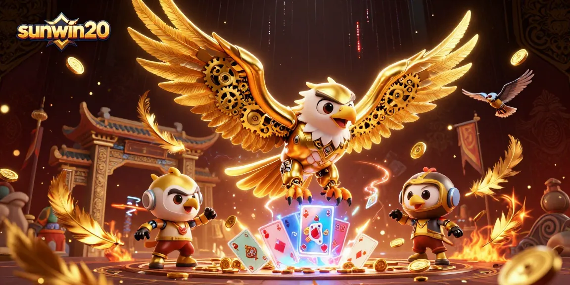 Engage with sunwin20 at the thrilling casino arena featuring a golden eagle and holographic cards.