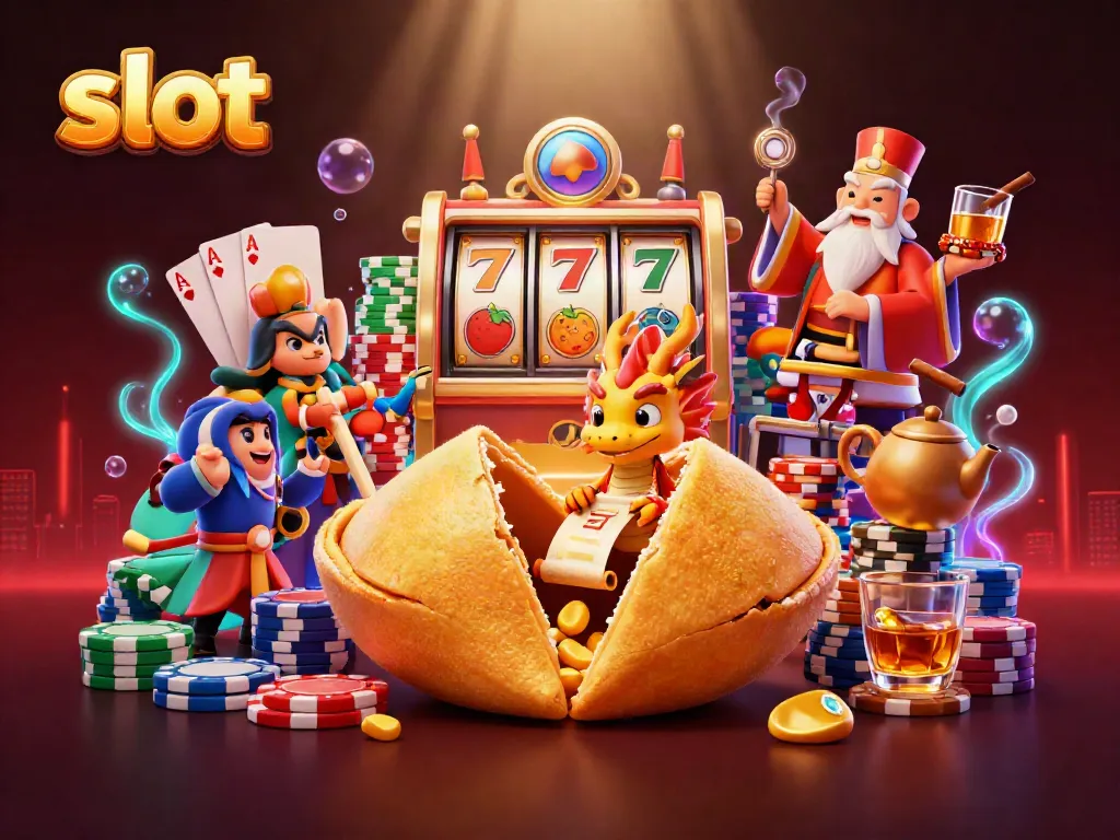 Slot yang dipenuhi dengan kue keberuntungan emas, naga bijak, dan elemen kasino.