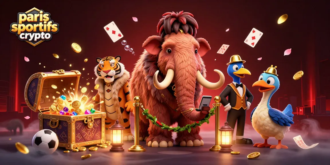 Profitez des paris sportifs crypto avec un mammouth bouncer et un tigre VIP dans un décor vibrant.