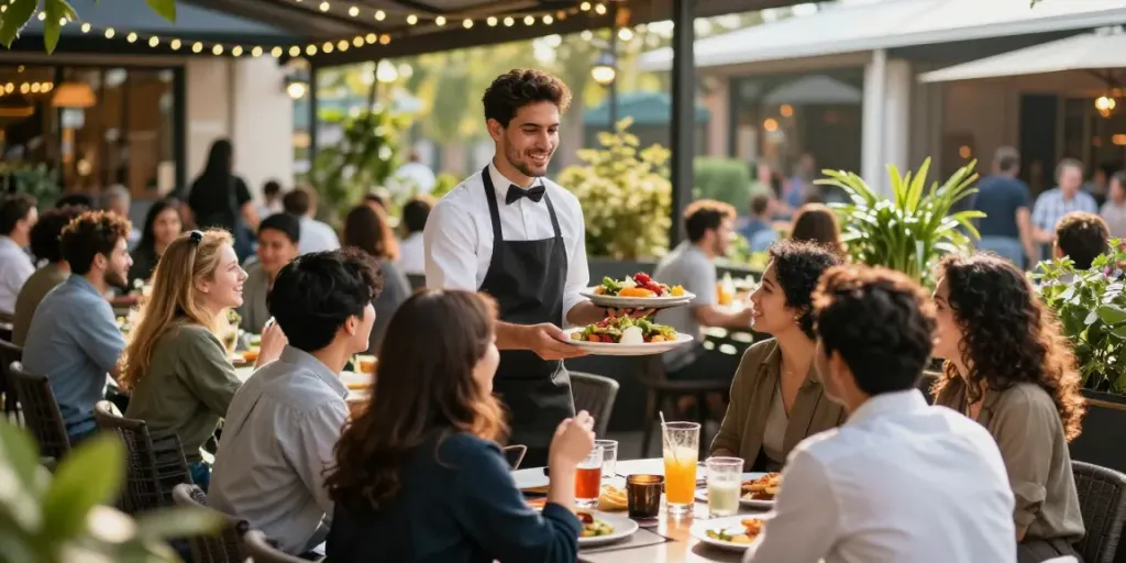 Server delivering orders, showcasing tips etiquette in a busy dining area, more tips here.