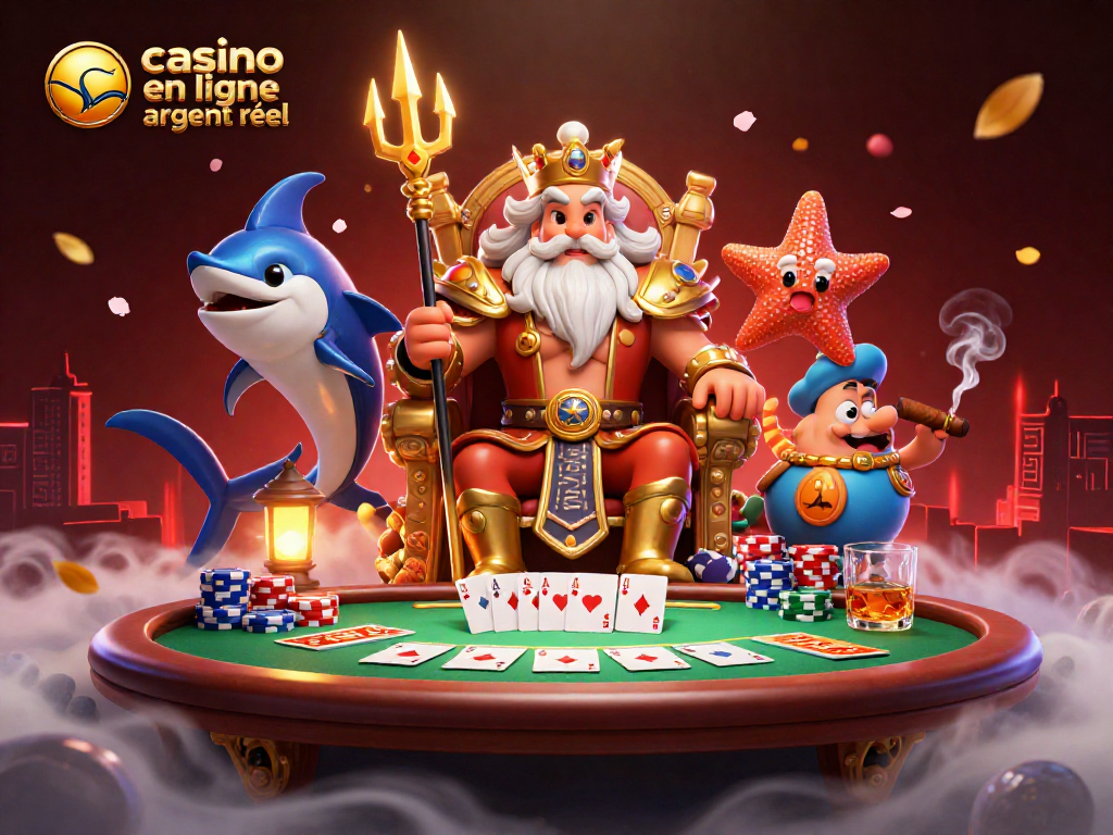 Jouez avec de l'argent réel dans un casino en ligne argent réel illustré par Neptune, entouré d'éléments de poker.