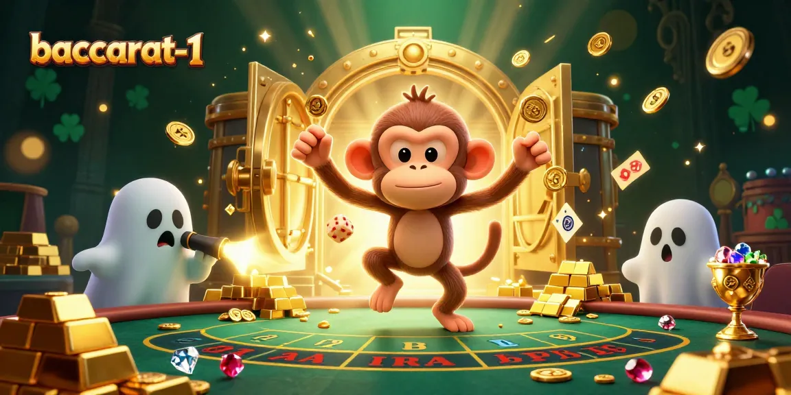 Baccarat-1 showcases a playful scene with a ghost-hunter puppy tracking a mischievous monkey amidst baccarat treasures.