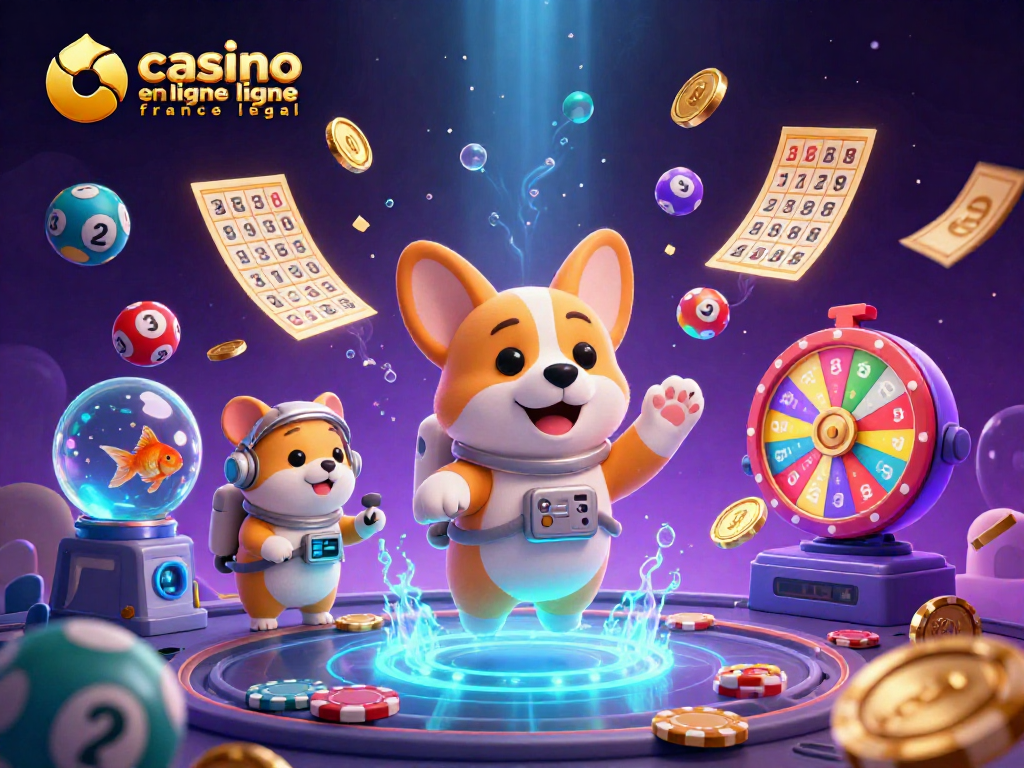 Une illustration dynamique du casino en ligne France légal, mettant en scène un corgi astronaute et des éléments de jeux.