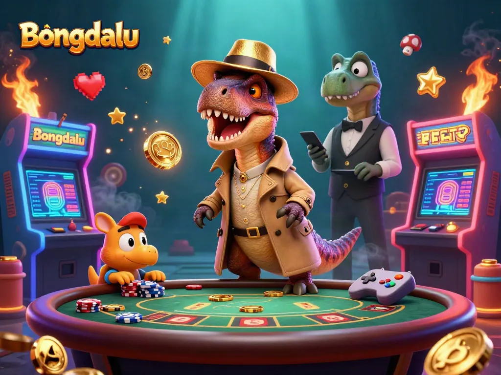 Bongdalu showcases a velociraptor card counter at a blackjack table amidst colorful casino elements.