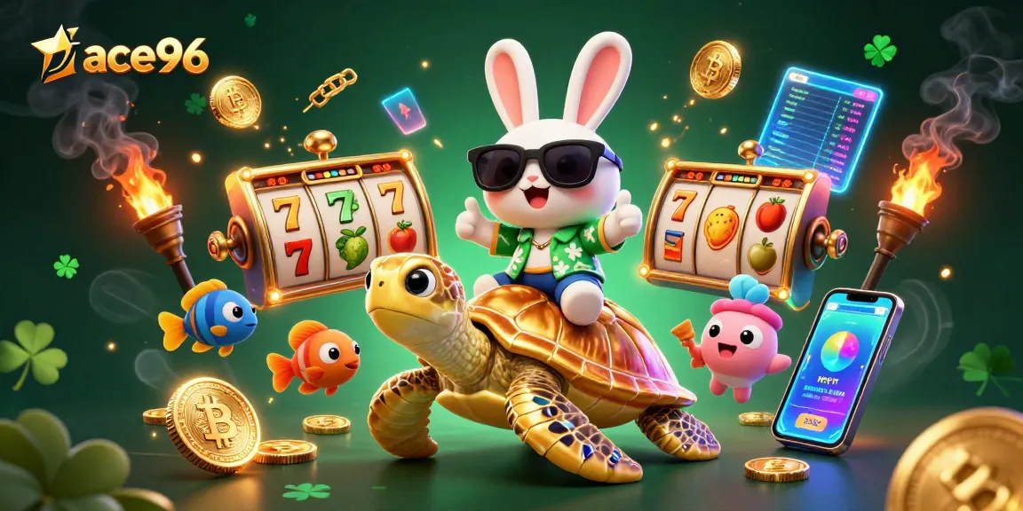 Spin the reels with ace96: Adorable rabbit celebrates big wins on a sea turtle.