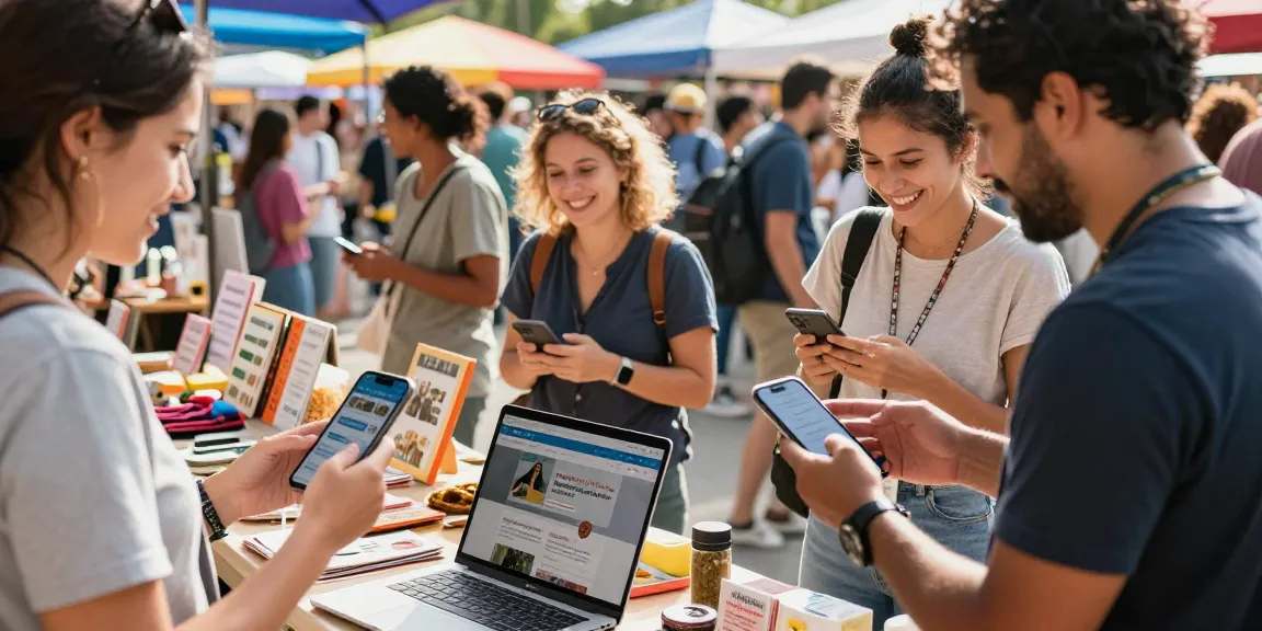 People engaging with BedPersonal app in a lively local marketplace.