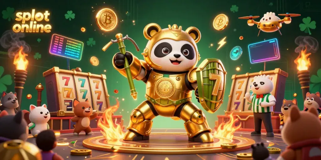 Engage in exciting slot online games as a golden panda pilots a fighting robot in a vibrant casino arena.