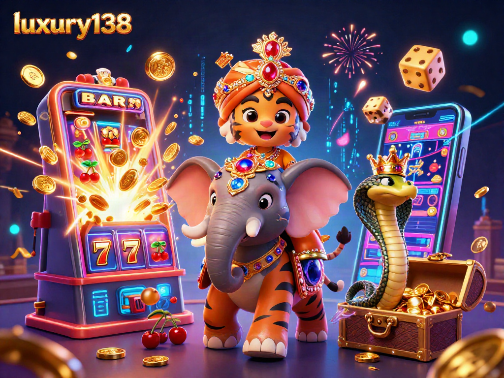 Slot jackpot spektakuler di luxury138 dengan karakter istimewa dan elemen kasino penuh warna.