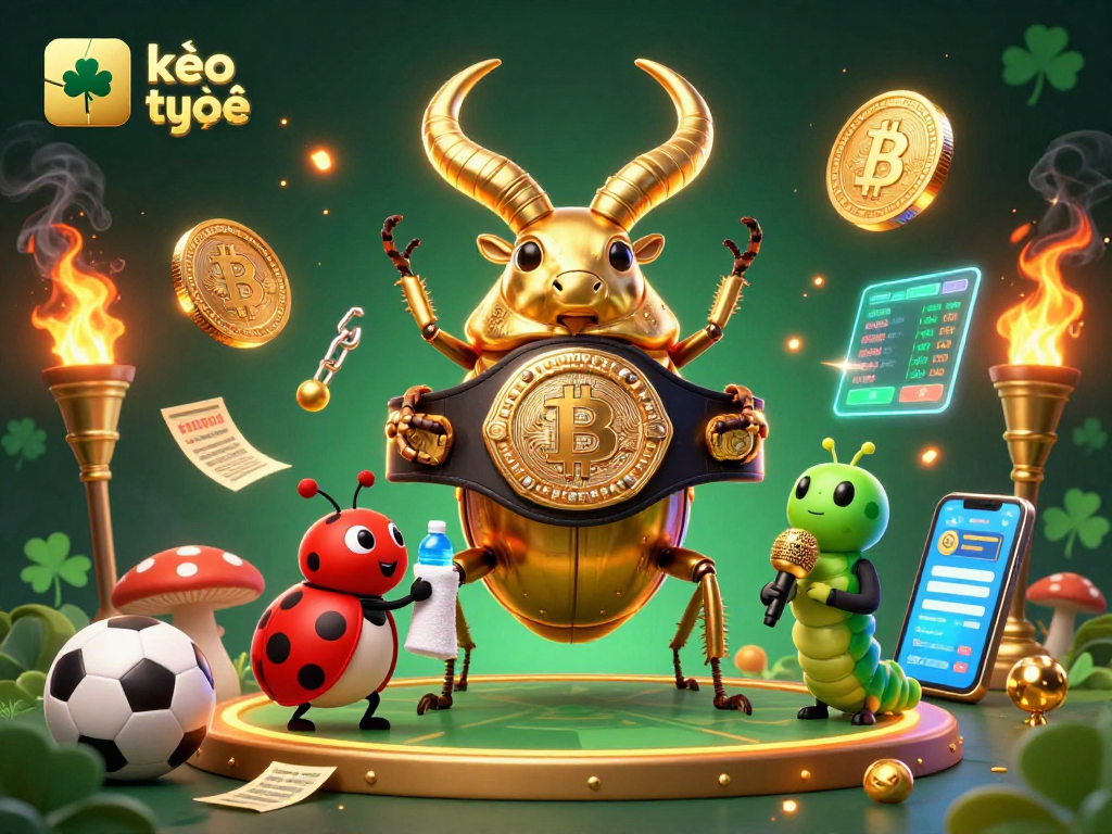 Engage in kèo trực tuyến with a vibrant illustration showcasing a beetle boxing champion, sports elements, and crypto coins.