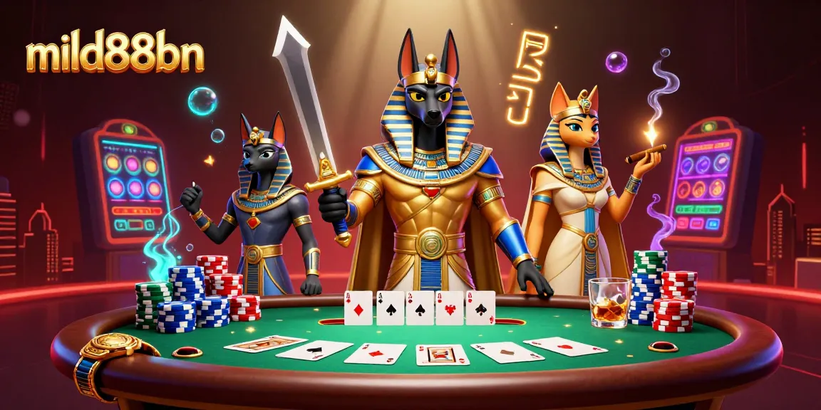 Engage in thrilling gameplay with mild88bn as ancient Egyptian characters lead an exciting casino scene.