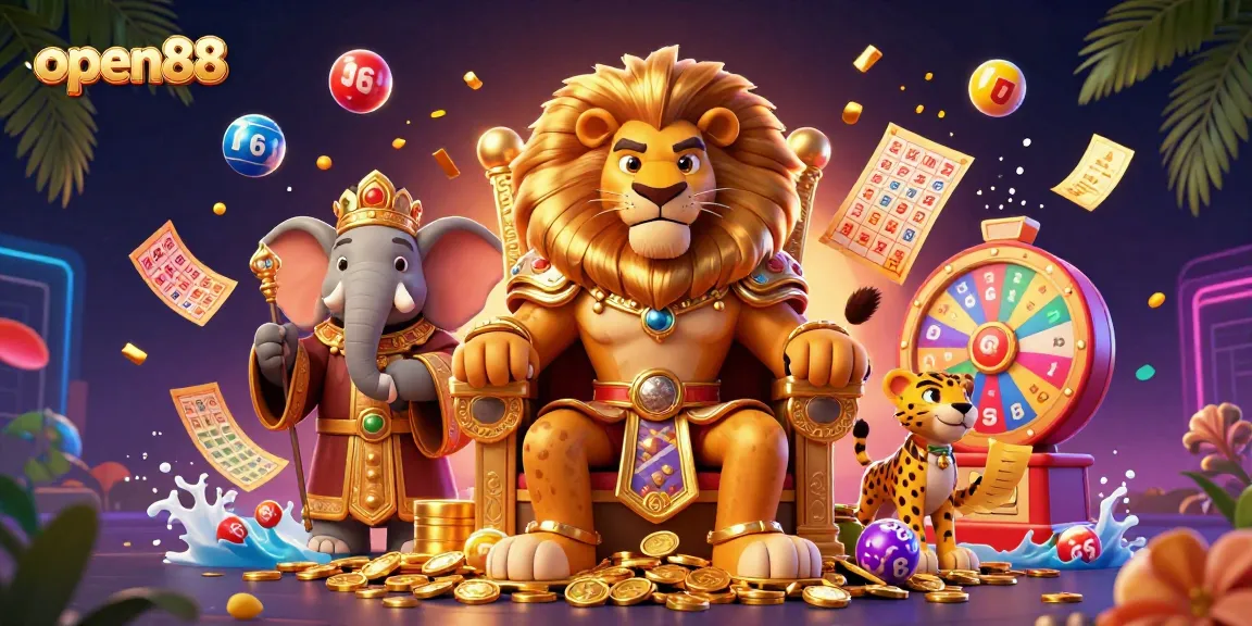 Engage with open88's thrilling prize selection featuring casino characters, vibrant lottery elements, and dynamic gaming action.