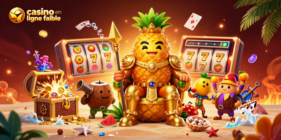 Plongez dans l'univers captivant des casinos en ligne fiables, avec le roi ananas entouré de ses gardes sur une plage casino.
