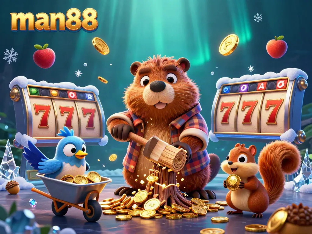 man88 offers exciting slots with gold coins raining down, showcasing a vibrant casino atmosphere.