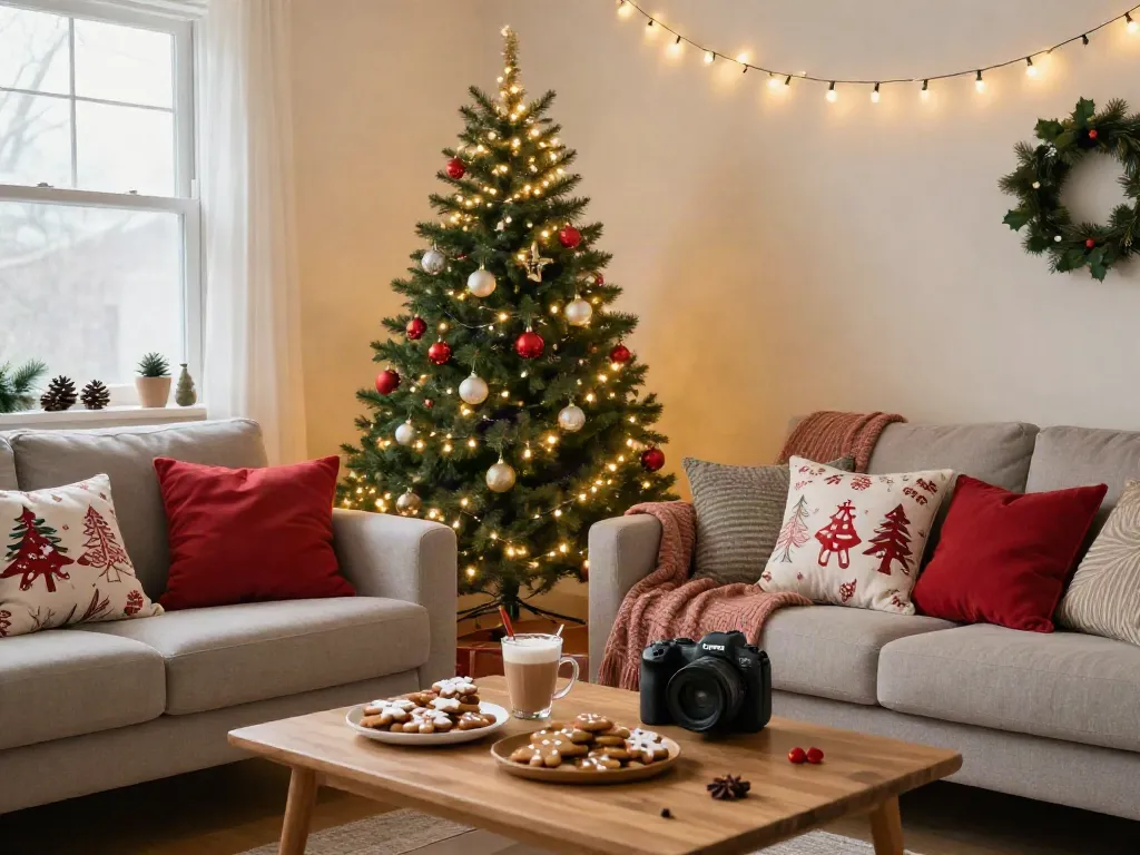 Cozy living room featuring a skinny Christmas tree decorated with warm lights and ornaments, creating a festive atmosphere.