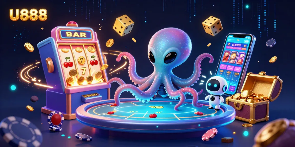 Experience excitement at U888 with an alien octopus running a holographic poker table amidst a vibrant casino scene.