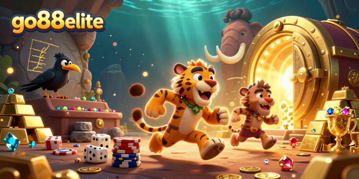 Experience the excitement of go88elite with a vibrant 3D illustration showcasing a prehistoric casino adventure filled with treasures.