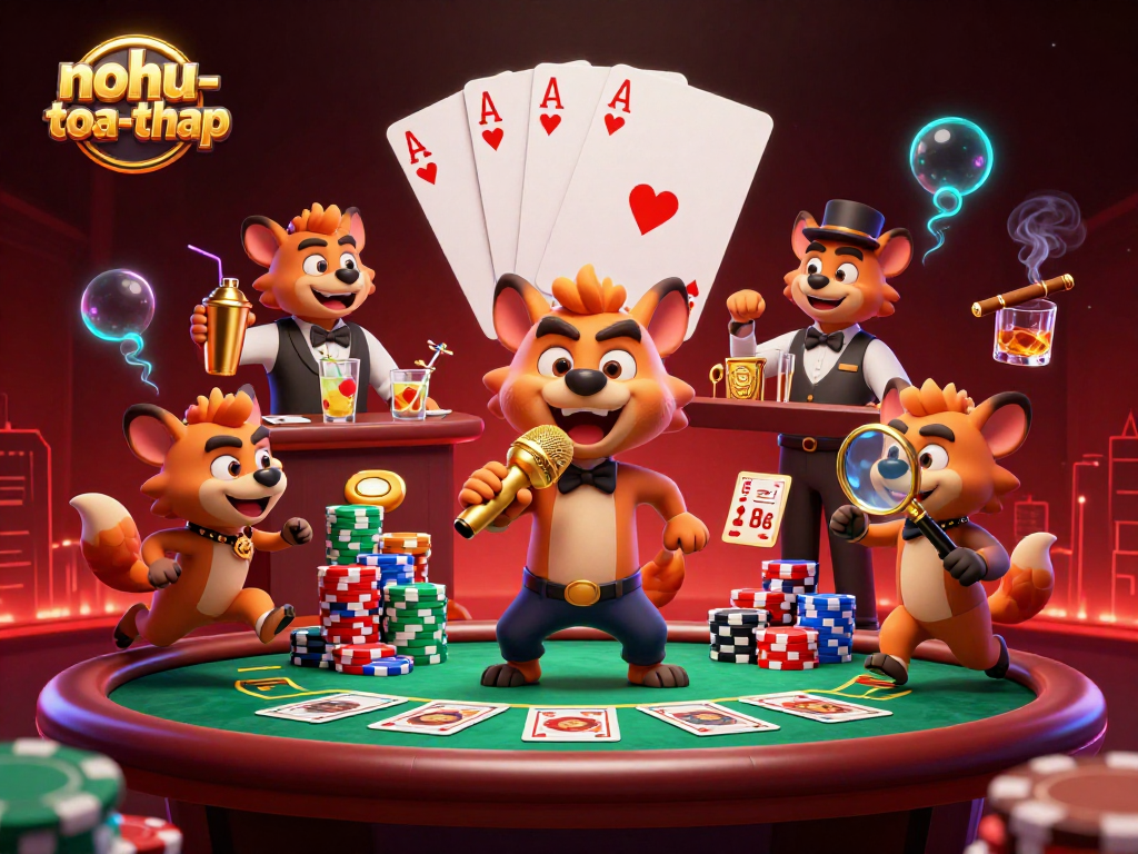 Nahu-toa-thap showcases a lively casino scene with hyenas engaged in comedic entertainment and vibrant gambling elements.