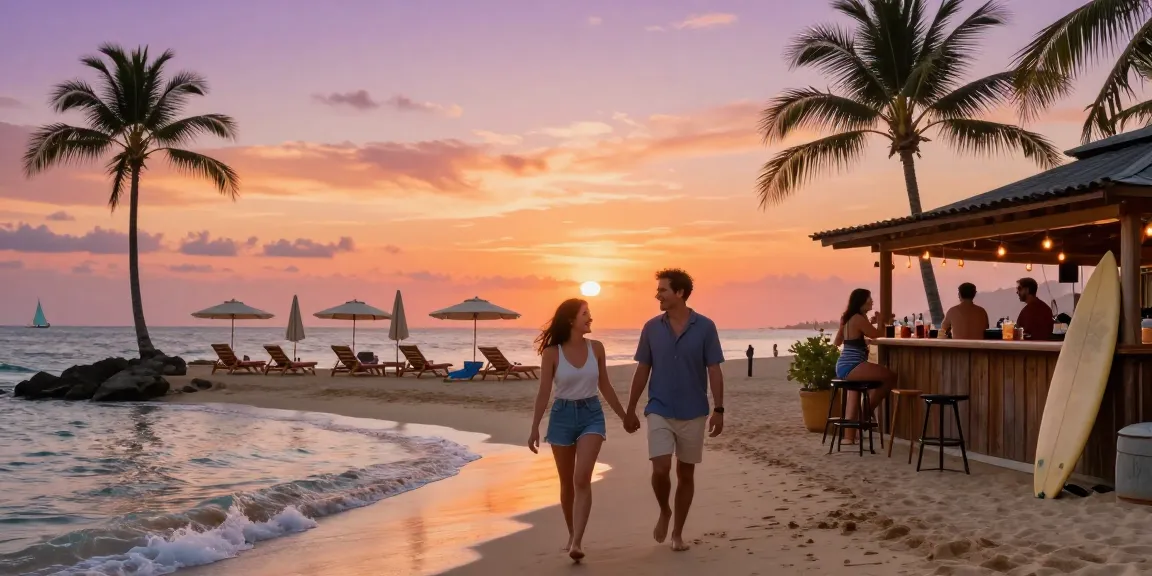 A couple enjoying a sunset stroll on the beach, showcasing the captivating essence of slot qris 5000 travel experiences.