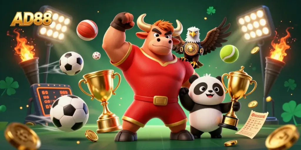 Experience excitement at AD88 with animated casino mascots and dynamic sports elements.