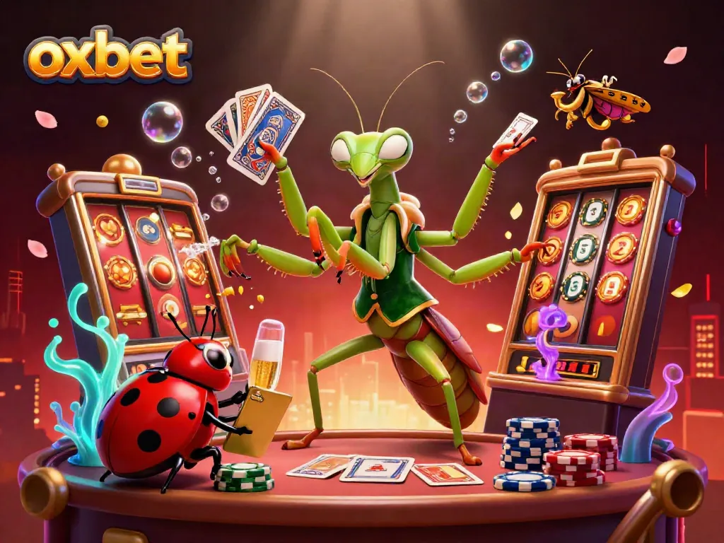 Experience vibrant excitement with oxbet, where a mantis card sharp deals and a ladybug pit boss oversees a lively casino scene.