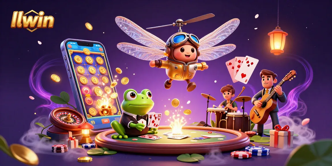 Experience the excitement of llwin with a vibrant casino scene featuring a dragonfly pilot and frog croupier.