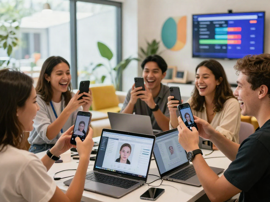 Participants enjoying a test of attractiveness with AI tools in a vibrant setting, showcasing facial analysis interactions.