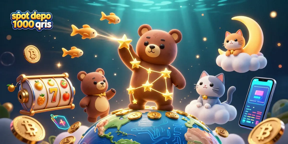 Slot depo 1000 qris menampilkan ilustrasi slot permainan menyenangkan dengan bintang emas dan kucing bulan.