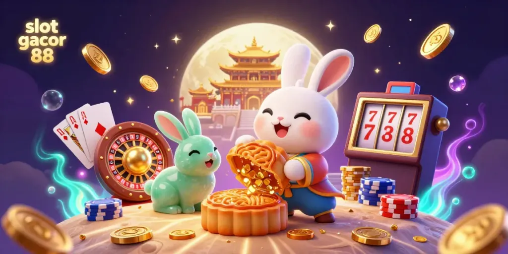 Experience the vibrant excitement of slot gacor 88 with a lunar-themed illustration featuring playful characters and casino elements.