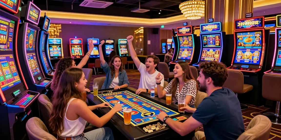 Excited players enjoyingเกมสล็อต at a vibrant casino gaming room.