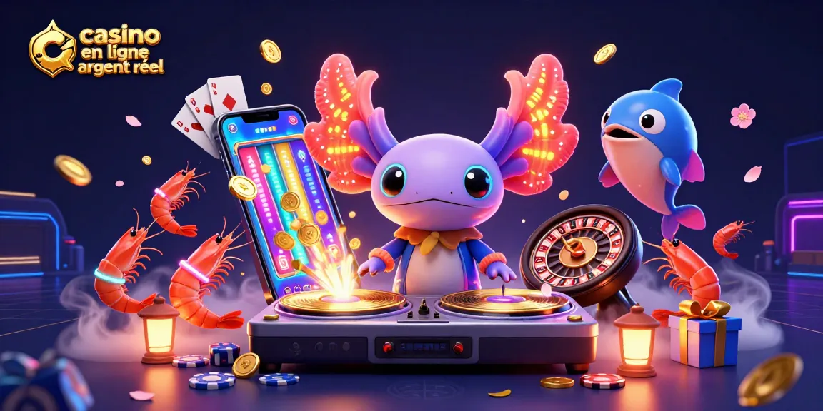 Profitez de l'animation festive au casino en ligne argent réel avec un DJ axolotl coloré et des personnages dansants.