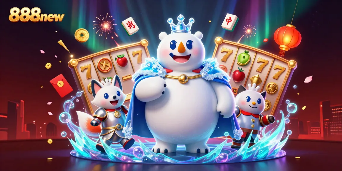 Experience the excitement of 888new with a polar bear and snow fox amidst a vibrant casino scene.