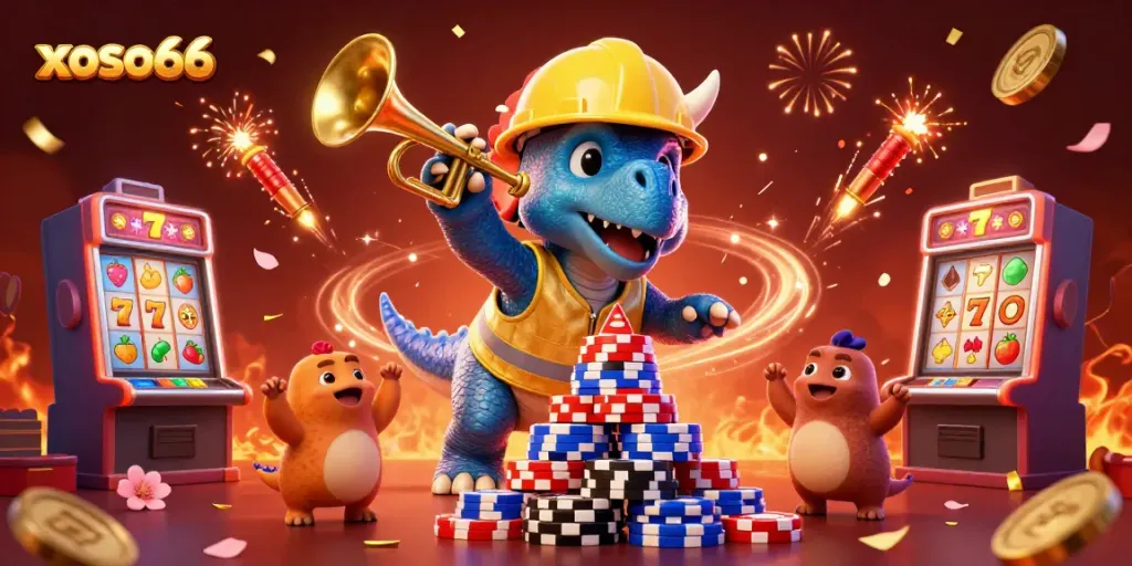 Engage with thrilling xoso66 slot games amidst a festival of poker chips and celebrations in a cartoon scene.