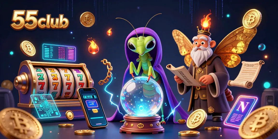 Experience the magic of 55club with this vibrant casino scene showcasing animated characters and crypto elements.