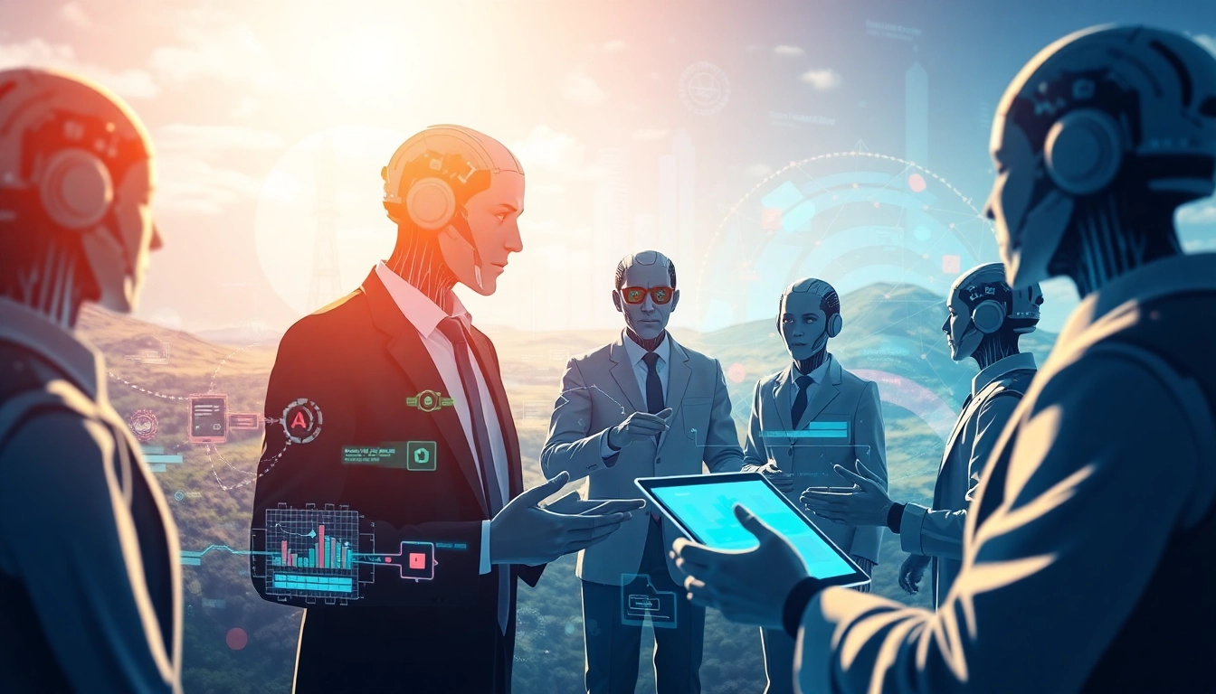 AI agents collaborating in a futuristic digital landscape, showcasing data flows and innovations.