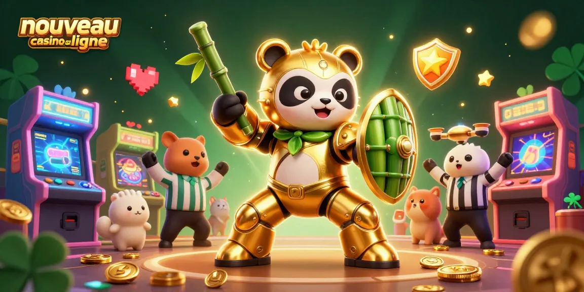 Illustration dynamique d'un nouveau casino en ligne, mettant en scène un panda doré et des machines à sous colorées.
