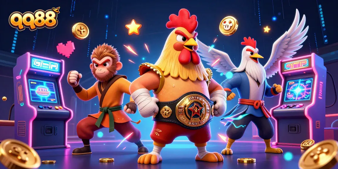 Engage with qq88's dynamic casino action featuring a Muay Thai rooster and Shaolin monkey.