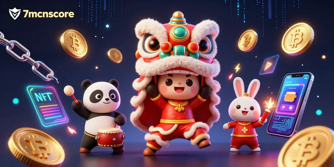 Engage with 7mcnscore's vibrant 3D casino scene featuring festive characters and crypto elements.