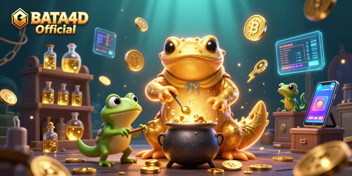 BATA4D Official showcases a vibrant illustration where a golden salamander alchemist creates gold coins in a magical casino setting.