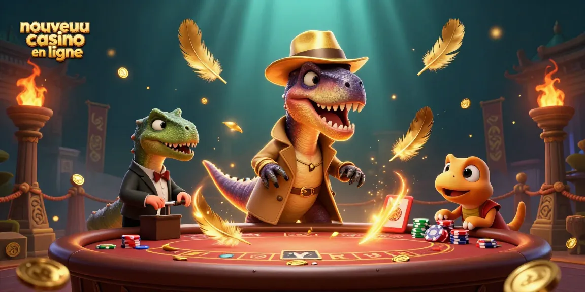Illustration dynamique d'un nouveau casino en ligne avec un velociraptor jouant au blackjack, symboles dorés et effets flamboyants.