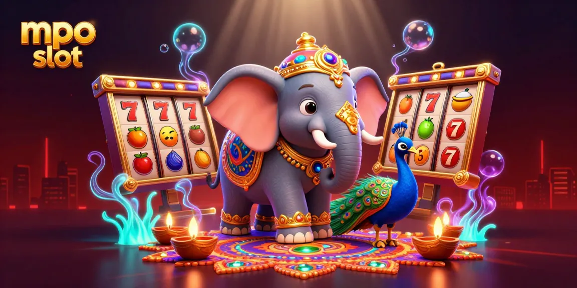 Enjoy the mpo slot experience with a vibrant, festive casino scene featuring an elephant and peacock.