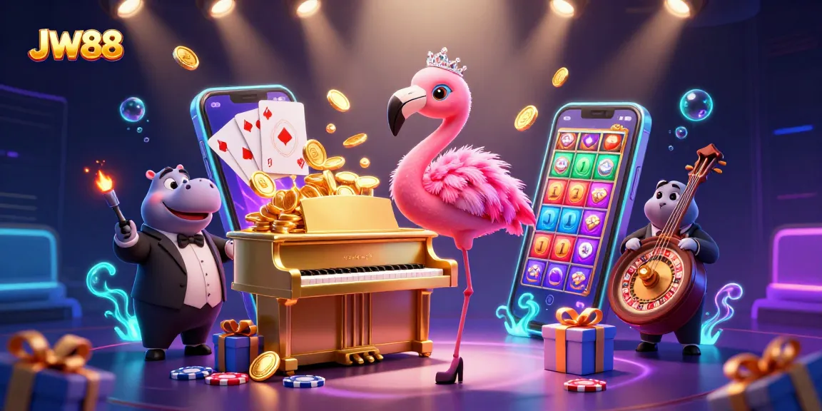 JW88 themed 3D illustration featuring vibrant casino characters and dynamic gaming elements.