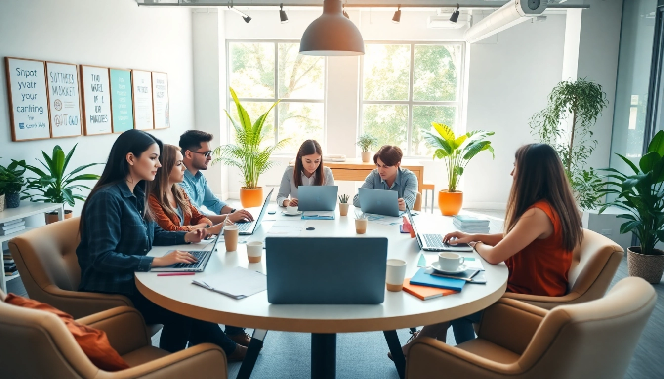 Collaborative team at a social media agency discussing digital strategies in a bright office setting.