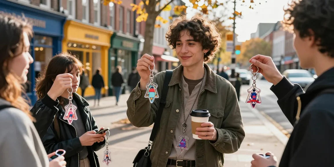 A person showcasing a Diamond Keychain in a vibrant urban setting, highlighting personal style and accessories.