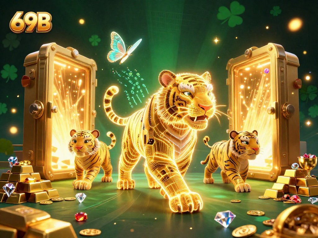Aproveite a emoção no 69B com o tigre dourado em um cenário de cassino digital vibrante.