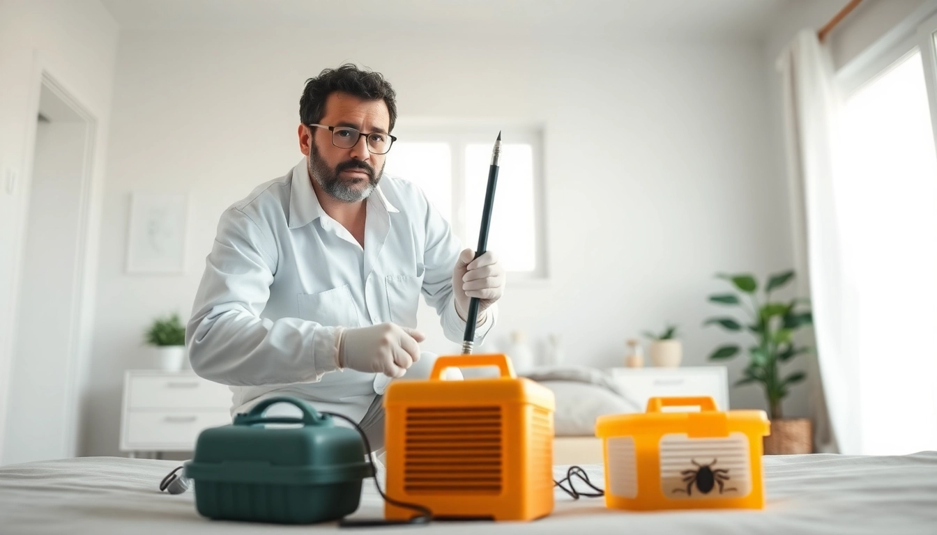 Efficient bed bug removal process conducted by a pest control expert in a tidy room.